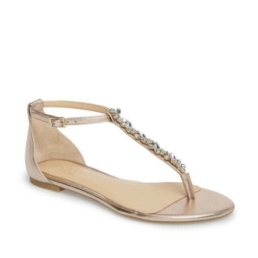 Badgley Mischka Rose Gold Jeweled T-Strap Flat Sandals